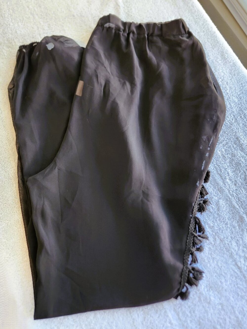 Black Sheer Tassel Fringe Harem Pants Boho Belly Dance Festival Size L